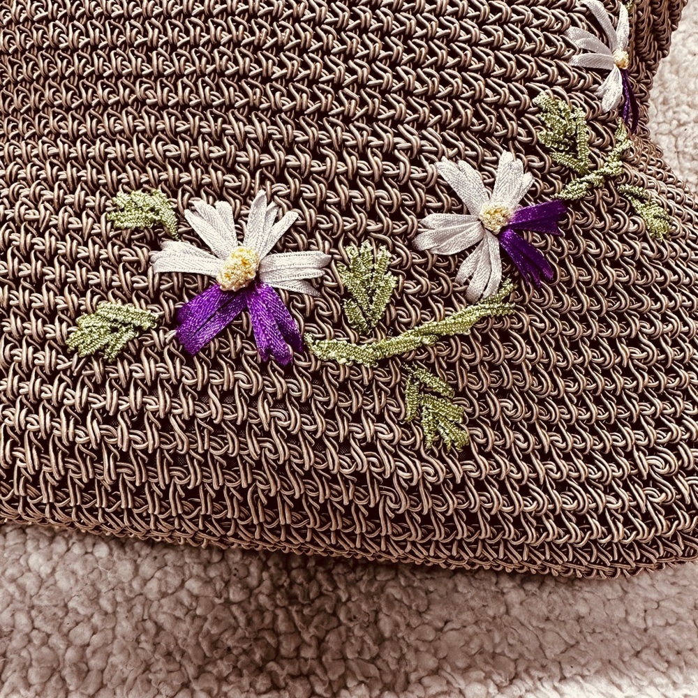 Taupe Crochet / Woven Tote Crossbody Bag with Floral Ribbon Embroidery, Lined